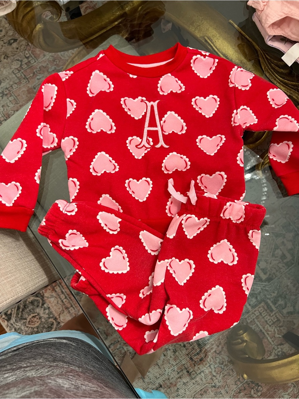 Kids Red Heart Monogram Pajama Set - Letter A